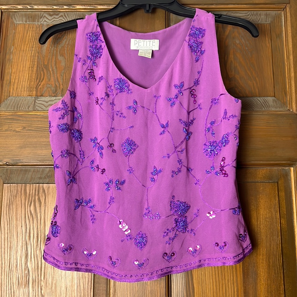 Purple embroidered silk blouse size 0